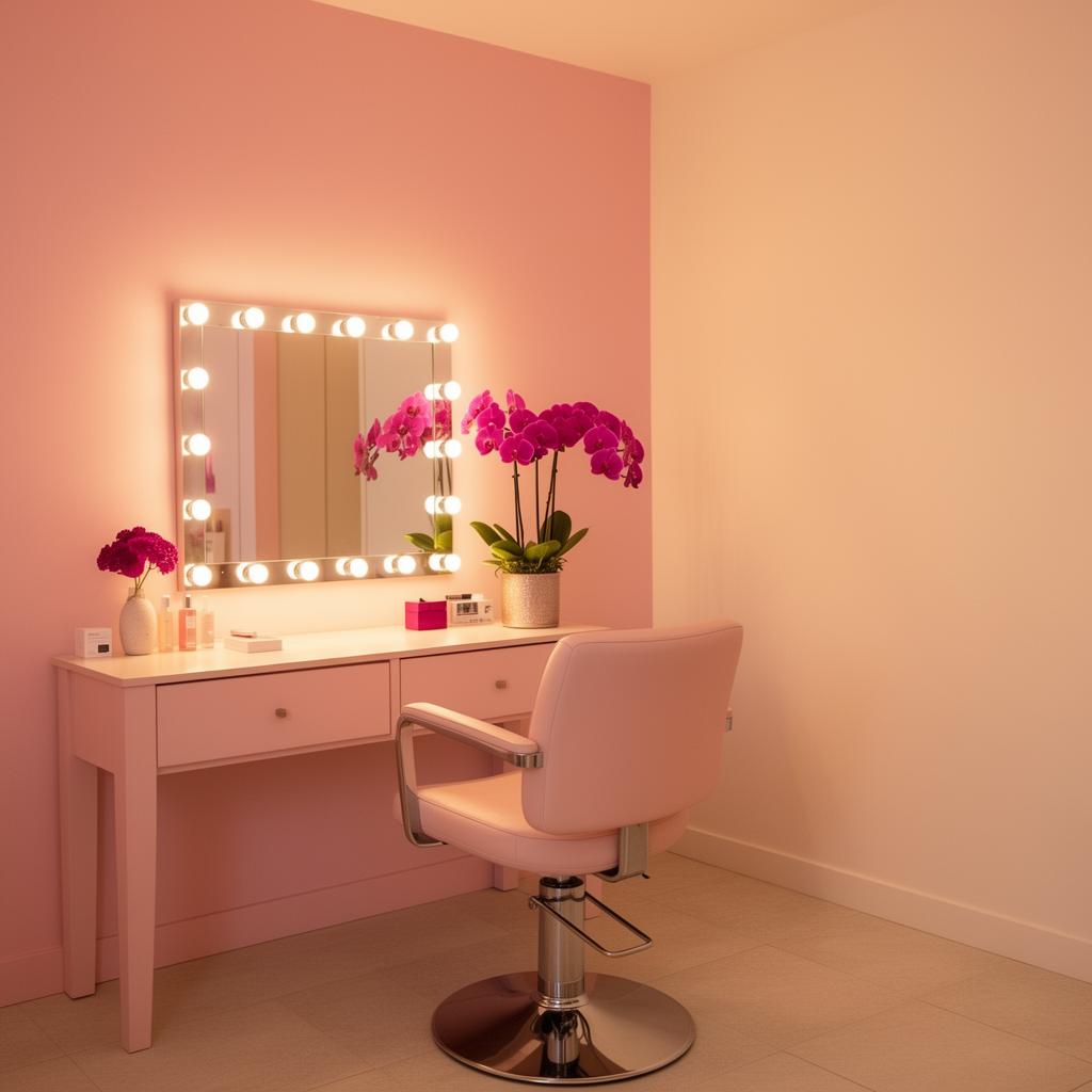 Lotus Beauty studio interior with vanity mirror and orchids